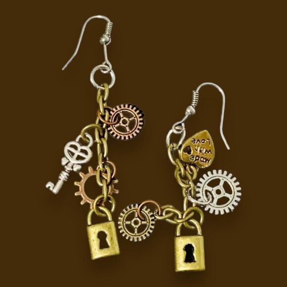 NEW Lockets Hearts Skeleton Keys Punk Gears Charming Minimalist Hanging Earrings - Picture 2 of 3
